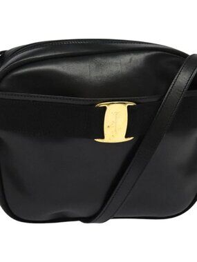 Salvatore Ferragamo Vala Shoulder Bag Leather Black Gold Auth 129395